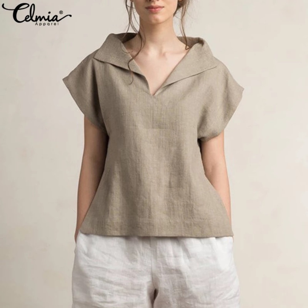 Wide Collar Linen V-Neck Blouse Khaki Sz M
